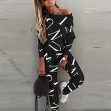 Sportswear Women Fashion Casual Solid Fit One Shoulder Top Long Pants Set Long Sleeve Top & High Waist Drawstring Pants