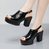Breakj Mouth Patent Leather Crocodile High Heel Sandals Summer White Wedding Shoes Waterproof Table Thick Cheongsam Walking Shoes Coarse Heel Women's
