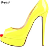 New Women Pumps Sexy Platform Peep Toe 14cm Extremely High Heels Stiletto Patent Leather Party Nighclub Red Wedding