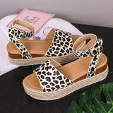 Wedges Shoes of Women Summer 2023 Ankle Strap Leopard Open Toe Flat Sandals Leopard Straw Platform Sandals Plus Size