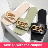 Women Slippers Fashion Chain Decoratie Vierkante Open Toe Teen Platte Outdoor Personality Street Punk Woman