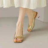 2024 Summer New Retro Fish Mouth Thick Heel Silver Soft Leather With Square Head And Flat Bottom Sandals For