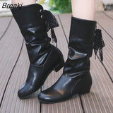 Size 35-43 Women Middle calf Boots Back Lace Up Low Heels Winter Shoes Black Botines White Botas Mujer Female Snow Boot