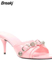 New Dropship 2023 Summer Sexy Women Mules Pump Sandals 7cm Thin High Heeled Big Size 43 Open Sole Moto Biker Rivets