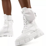 New Autumn Winter Shoes Women Boots Pocket Buckle Strap Ankle Boots Pink PU Leather Mid-calf Platform Booties