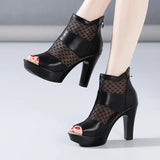 Sandals Women's 2023 Summer New High-Heeled Waterproof Table Fish Mouth Mesh Hollowed-Out British Thick-Heeled