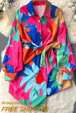 New Spring Fashion Women's Shirt Dress Multi-color Print Turn-down Collar Long Sleeve Sash Bow-tied Buttons Short