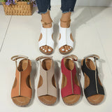 New Size 2024 Sandals Women's Car Sewing Breathable Velcro Hollowed-Out Slope Heel Sandals