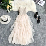 New Women Tulle Dress Summer Mesh Dress Summer High Waist Hem Asymmetrical Pleated Fairy Dress Female Slim