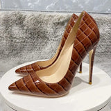 Coffee Brown Crocodile Effect Women Sexy 80 100 120 High Heel Party Shoes Ladies Slip On Pointy Toe Stiletto