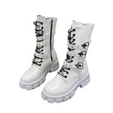 Breakj Autumn And Winter New Punk Tie Thick Bottom Mid-Sleest Boots Women Large Size Knight Boots