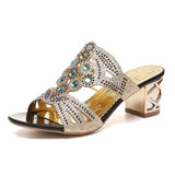 Women's Fashion Rhinestone Slippers Summer 2023 Thick High Heels Gladiator Sandals Woman Bohemia Style Beach Flip