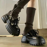 Leather Shoes Female College Style 2024 Early Spring New Square Head Thick-Soled Bow High-Heeled Retro Lace Casual