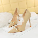 Breakj Banquet Shows Slim Ultra High Heel Suede Shallow Pointed Pearl Metal Chain Side Hollow Single