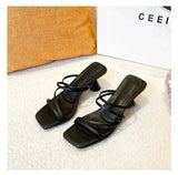 New Women's Slippers Square Toe Grace Narrow Band Solid Casual Sandals Waterproof Block High Ladies