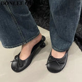 Women Close Toe Slippers Elegant kitten Heels Mule Shoes Round Toe Slide Outdoor Flip Flops 2023 Spring Female Bow Knot
