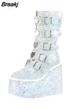 Design Gothic Style INS Hot Sale Great Quality Fashion Motorcycle Boots Big Size 34-50 Wedges Buckles Platform