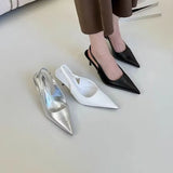 Breakj Heel Sandals Female Spring Summer Thin Heel Empty French Small Heel Middle Heel Soft Leather Sandals Silver