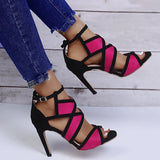 Design Women Fashion Peep Toe Patchwork Colors Thin Heel Sandals Pink Blue Strap Cross High Heel Sandals Dress