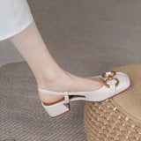 French Horse Title Buckle Soft Leather Bun Sandals Female Summer Middle Heel Soft Sole Comfortable Square Head Back Empty Thick Heel Single Shoes
