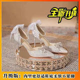 Breakj Temperament Pointed Bow Pearl Word With Silver High Heels Fine Heel Adult Lilies Hollow Lolita
