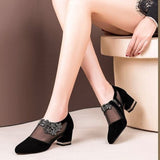 Women's Shoes High Heel 2023 Spring Fashion Flowers Square Heel Sandals Women Summer Size 43 Breathable Mesh Rhinestone