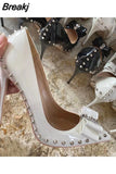 nude 12cm extreme high heels women shoes with bow rivets black red pointed toe shallow women pumps plus size MD002