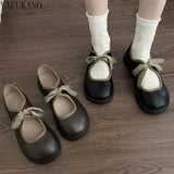 Shallow Mouth Brown Round Head Flat Bottom Single Shoes Women Vintage Mary Jane Shoes Lace-up Casual Student
