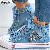 Women Canvas Chic High Top Denim Leisure Footwear Womens All-match Flat Zipper Walk In Ladies Breathable flat