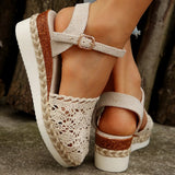 Breakj Slope Heel Sandals 2025 Summer New Bun Head Weaving A Word Buckle With Women's Sandals