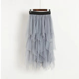 Tulle Skirts Women High Waist Mesh Skirt Hem Asymmetrical Pleated Midi Skirt Female Black Pink Summer Mid-calf