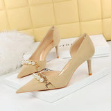 Breakj Banquet Shows Slim Ultra High Heel Suede Shallow Pointed Pearl Metal Chain Side Hollow Single