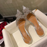 Breakj Leg Length! Net Red Transparent Water Drill Tip Muller Shoes Wearing High Heel Half Slippers Women's Bag Head