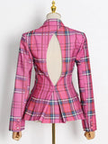Rose Plaid Blazers For Women Slim Cut Out Back Lapel Long Sleeve Colorblock Coats Female 2022 Autumn Fashion
