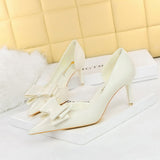 Breakj Korean Version Pedicure Slim And Sweet Women's Shoes Thin Heel High Heel Shallow Tip Side Hollow Bow Single