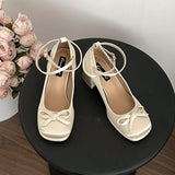 Breakj Fasley Bow Coarse Heeled Mary Jane Shoes Fairy Wind Small Tall Mouth Single Shoes High Heels High Heels Women's