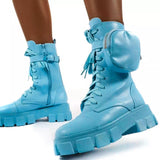 New Autumn Winter Shoes Women Boots Pocket Buckle Strap Ankle Boots Pink PU Leather Mid-calf Platform Booties