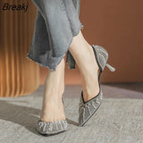 Pointed Toe Single Shoes Women Rhinestones High Heel Spring Summer Pearl Comfortable Small High Heels Wedding