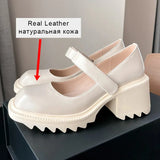 Size 34-39 Real Leather Women Chunky Pumps Mary Janes Fashion Platform High Heels Shoes For Women Lady Casual