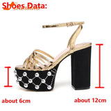 Women's Sandals Fashion 2023 Metal Luxury Elegant Platform Sandals Ankle Buckle Super Chunky High Heels Rivet Party