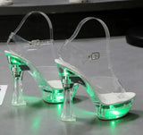 Color Square Heel Women Sandals Light Up Glowing Shoes Luminous Clear Sandals Platform Shoes High Heel 15cm Transparent