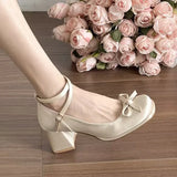 Breakj Fasley Bow Coarse Heeled Mary Jane Shoes Fairy Wind Small Tall Mouth Single Shoes High Heels High Heels Women's