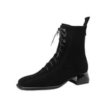 Breakj Lace-Up Short Boots Female Thick With Soft Leather Frosted Autumn Winter New Fashion Retro Simple Square Head In The Heel Martin
