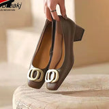 Leather Single Shoes Women Solid Color Autumn Square Toe Chunky Heel Metal Button Woman