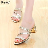 Summer New Mid Heel Chunky Heel Women's Slippers Open Toe High Heel Rhinestone Ladies'