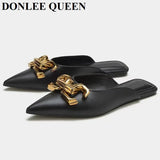 Spring Mule Slipper Women Flat Slide Brand Metal Buckle Slip on Casual Flip Flop Pointed Toe Crossover Sandal Big Size