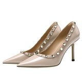 Breakj Spring And Summer New Rivet Tip High Heel Female Fine Leather Black Patent Leather OL Nightclub Ultra-High Heel Single