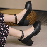 Beige Ankle Buckle Platform Pumps Women 2022 Square Heels Mary Jane Shoes Woman Retro Pu Leather High Heels Shoes