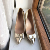Soft Matte Gold Women Pointy Toe High Heel Wedding Bride Shoes with Bow Shiny Stiletto Pumps Large Size 43 44