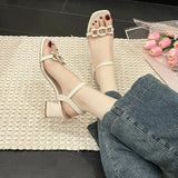 Breakj Women 2025 Summer New Square Head Thick Heel Wearing Net Red Word With Fashion High Heel